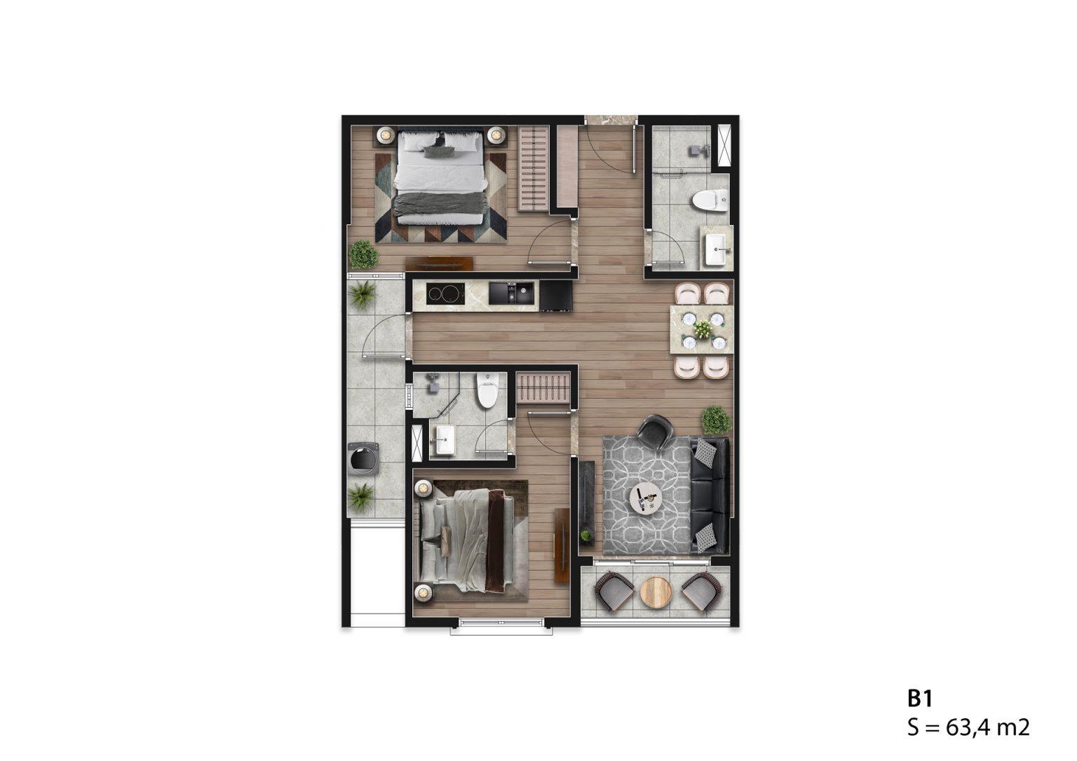 Mặt bằng căn hộ B1 Hausman Đại Mỗ 63,4m2, bố trí 2 phòng ngủ, 2 nhà vệ sinh, phòng khách và bếp.