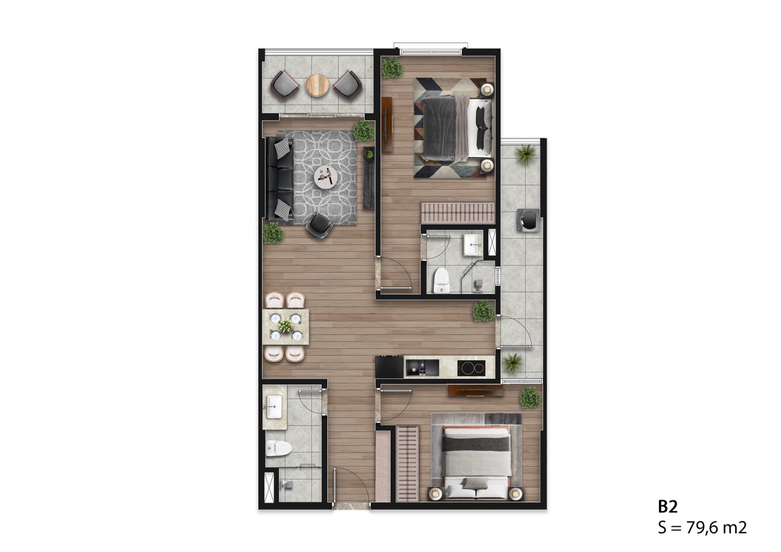 Mặt bằng căn hộ B2 Hausman Đại Mỗ 79,6m2, thiết kế 2 phòng ngủ, 2 WC, phòng khách và khu vực bếp ăn nhỏ.