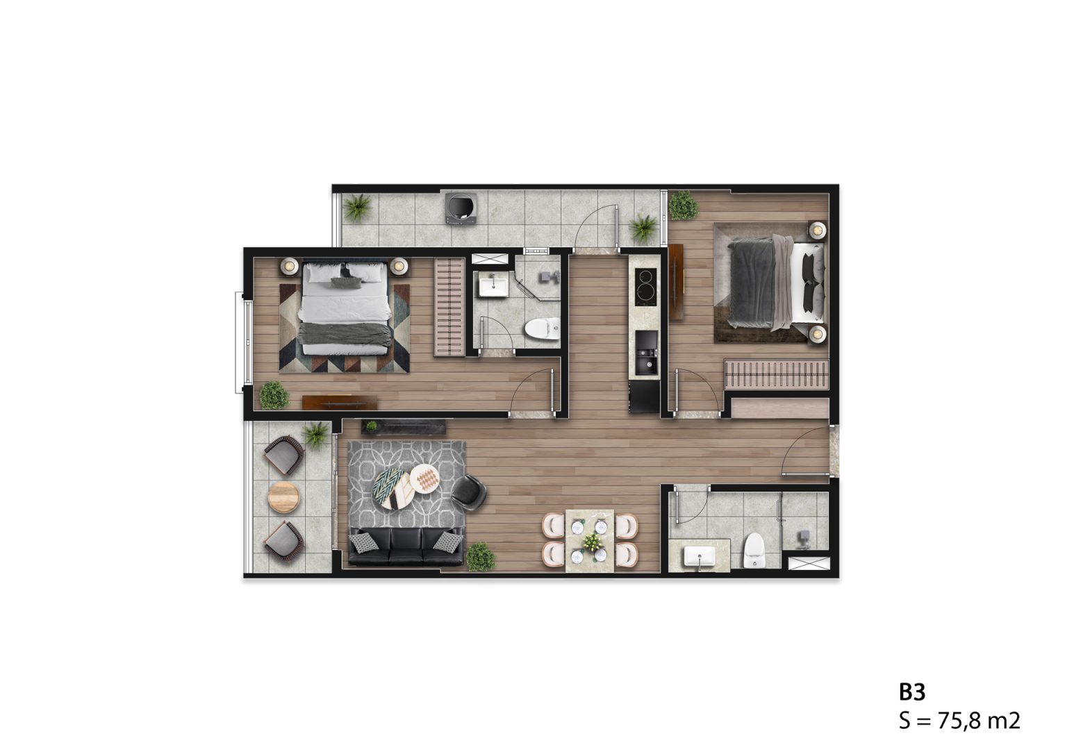 Mặt bằng căn hộ B3 Hausman Đại Mỗ 75,8m2, thiết kế 2 phòng ngủ, 2 WC, phòng khách, bếp và phòng ăn.
