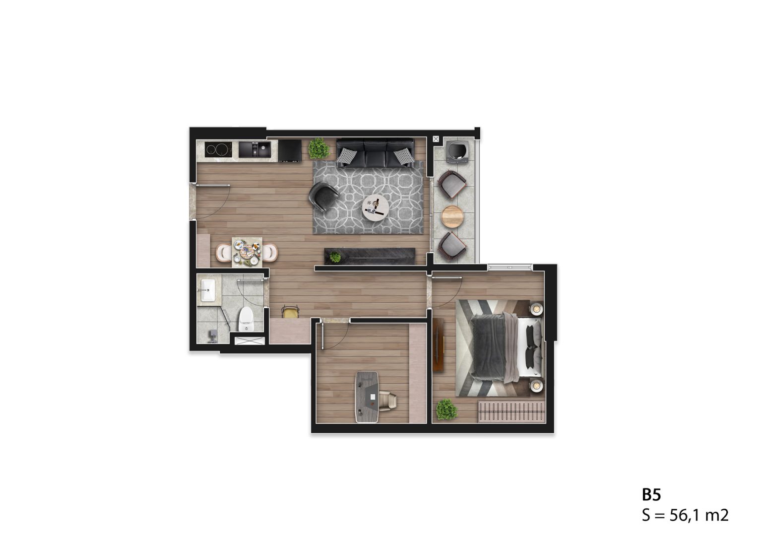 Mặt bằng căn hộ B5 Hausman Đại Mỗ 56,1m2, thiết kế 1 phòng ngủ lớn, 1 phòng làm việc/ngủ nhỏ, 1 WC, phòng khách và bếp