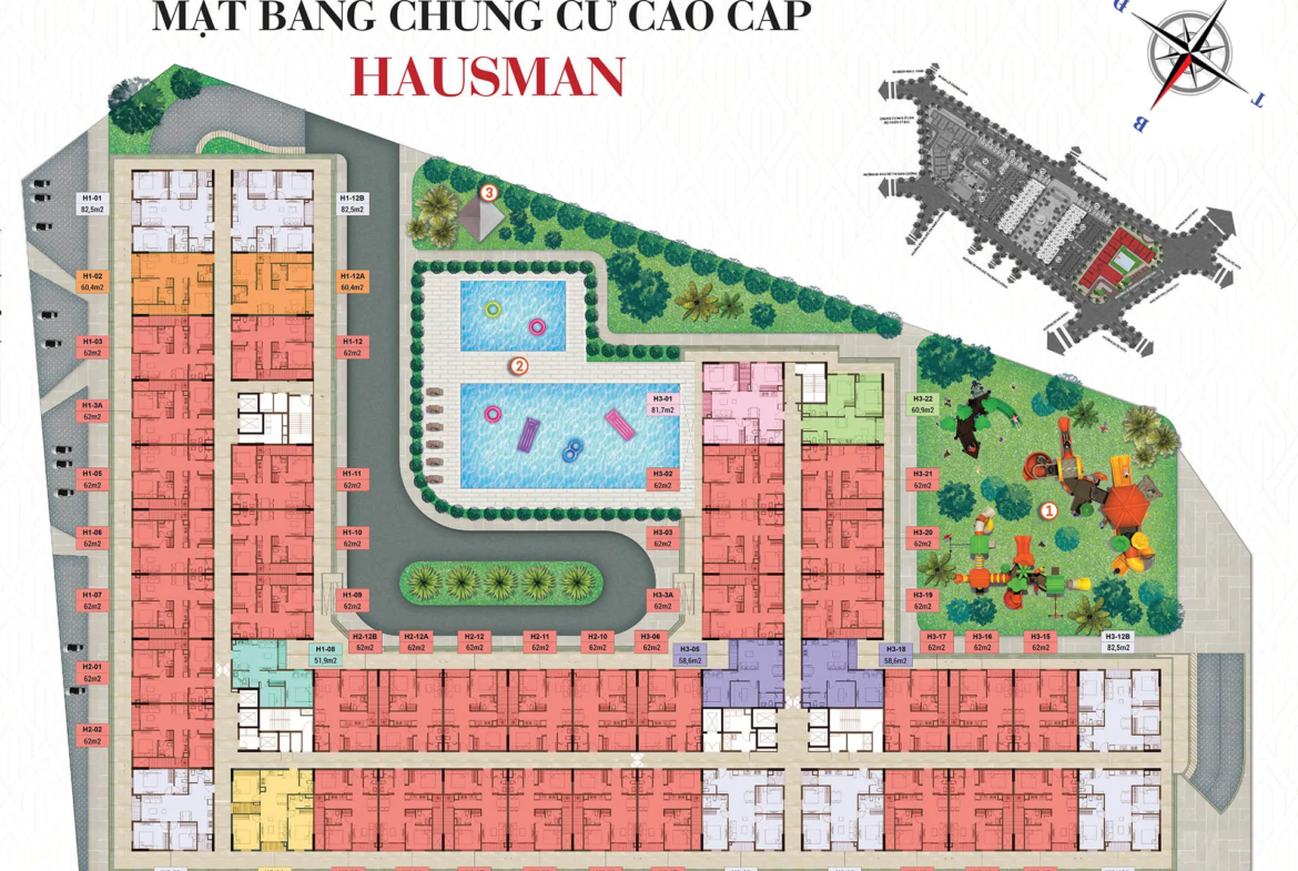 Mặt bằng tổng thể chung cư cao cấp Hausman FLC Đại Mỗ, thể hiện bố trí các tòa nhà, tiện ích bể bơi, sân chơi. Tham khảo vị trí: kygoibatdongsan.