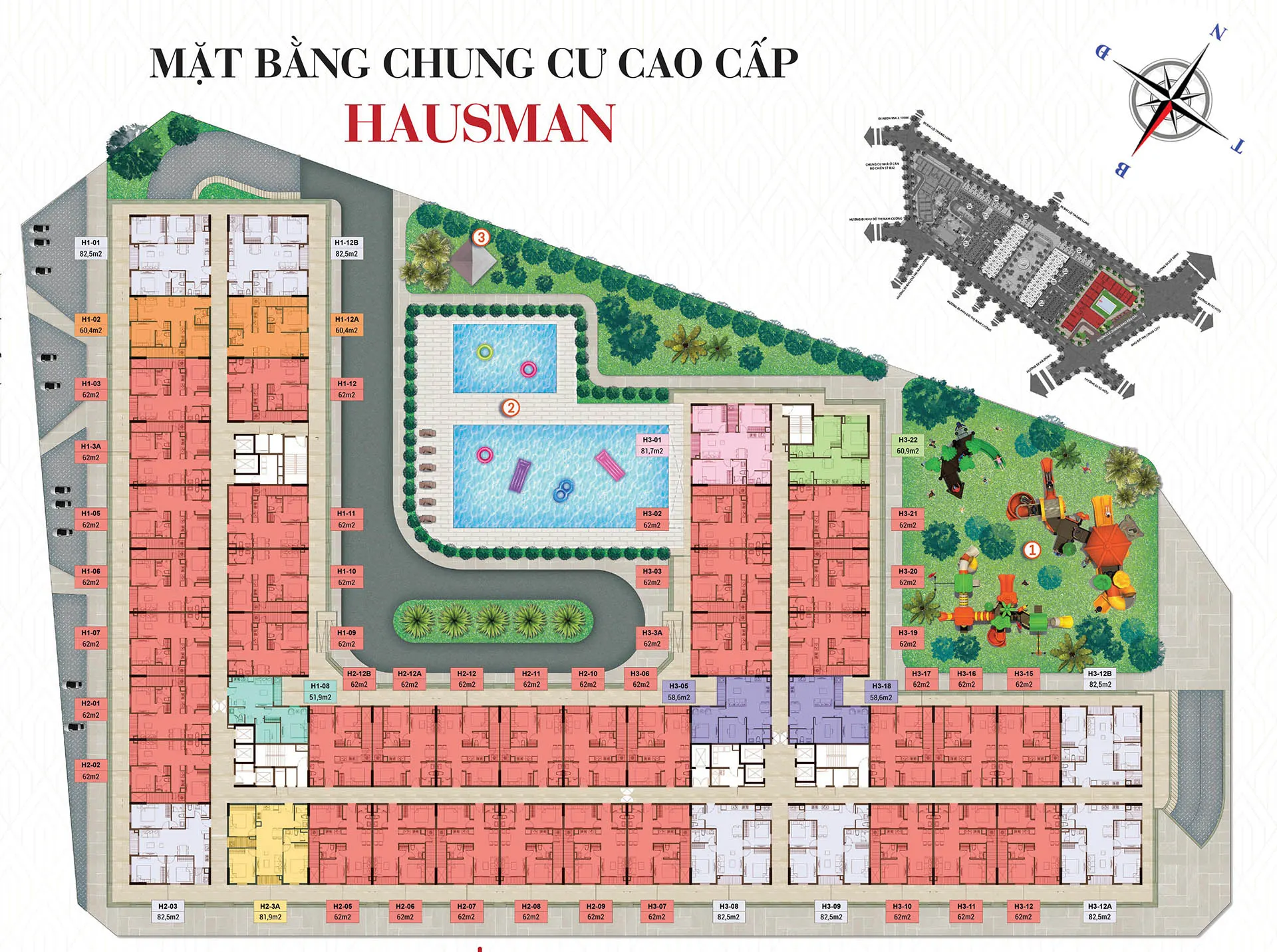 Mặt bằng tổng thể chung cư cao cấp Hausman FLC Đại Mỗ, thể hiện bố trí các tòa nhà, tiện ích bể bơi, sân chơi. Tham khảo vị trí: kygoibatdongsan.