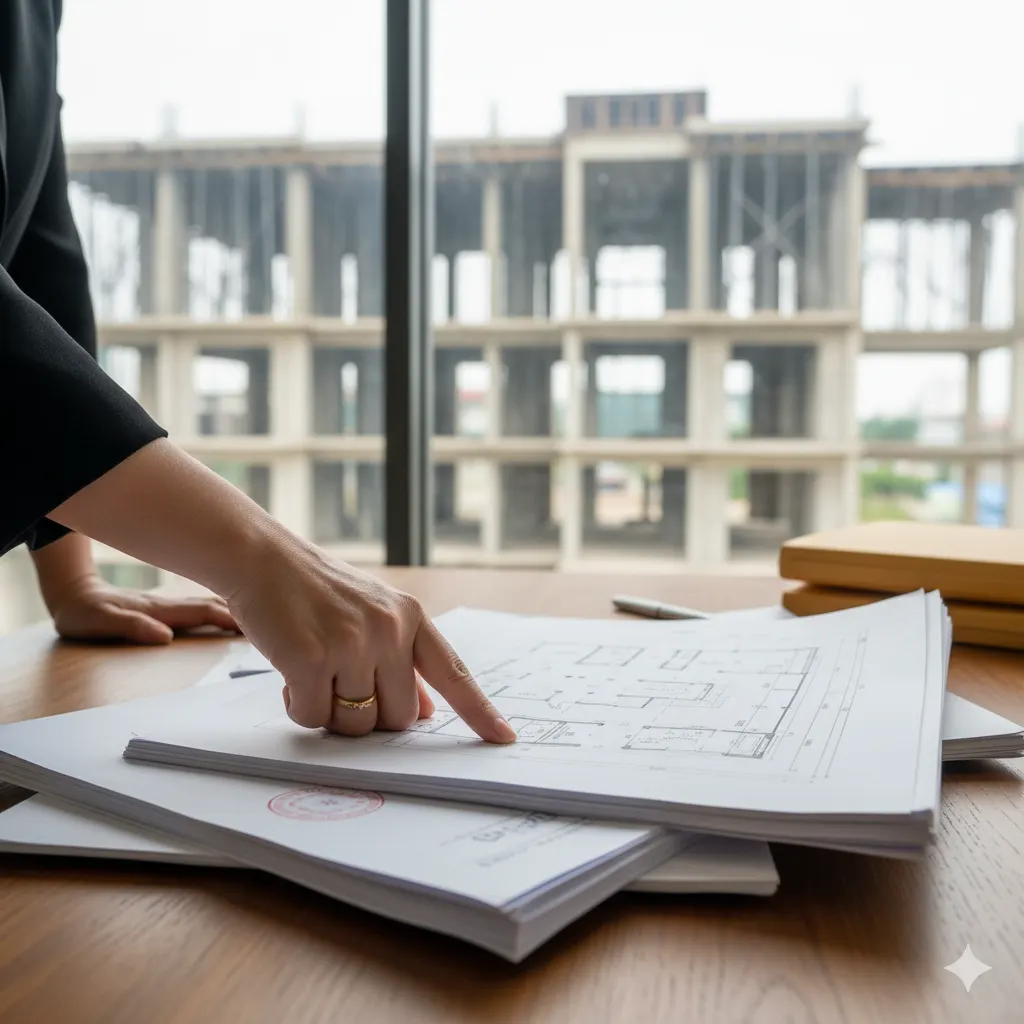 Ảnh 4K cận cảnh bàn tay chuyên gia chỉ vào bản vẽ mặt bằng căn hộ An Bình Homeland và hồ sơ pháp lý.