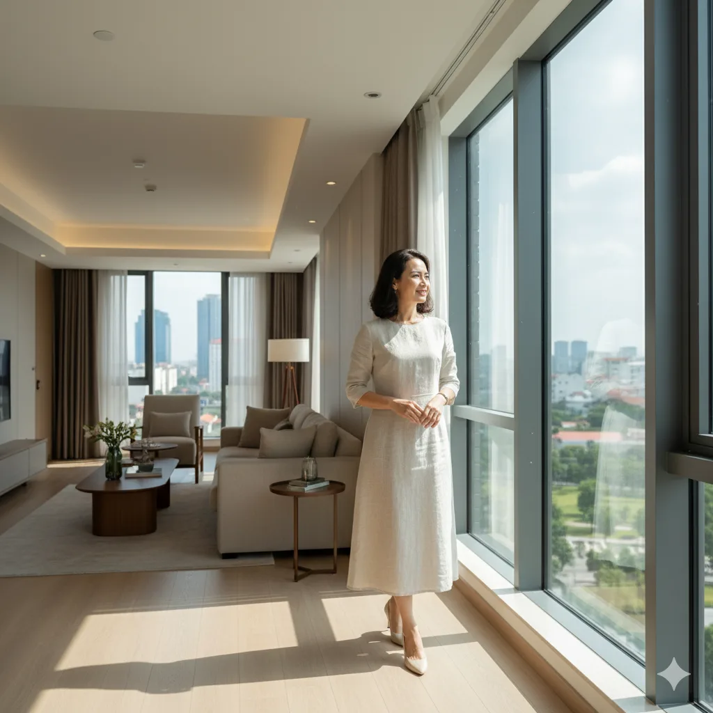 Review An Bình Homeland: Người phụ nữ Việt hài lòng với layout và ánh sáng căn hộ hiện đại.