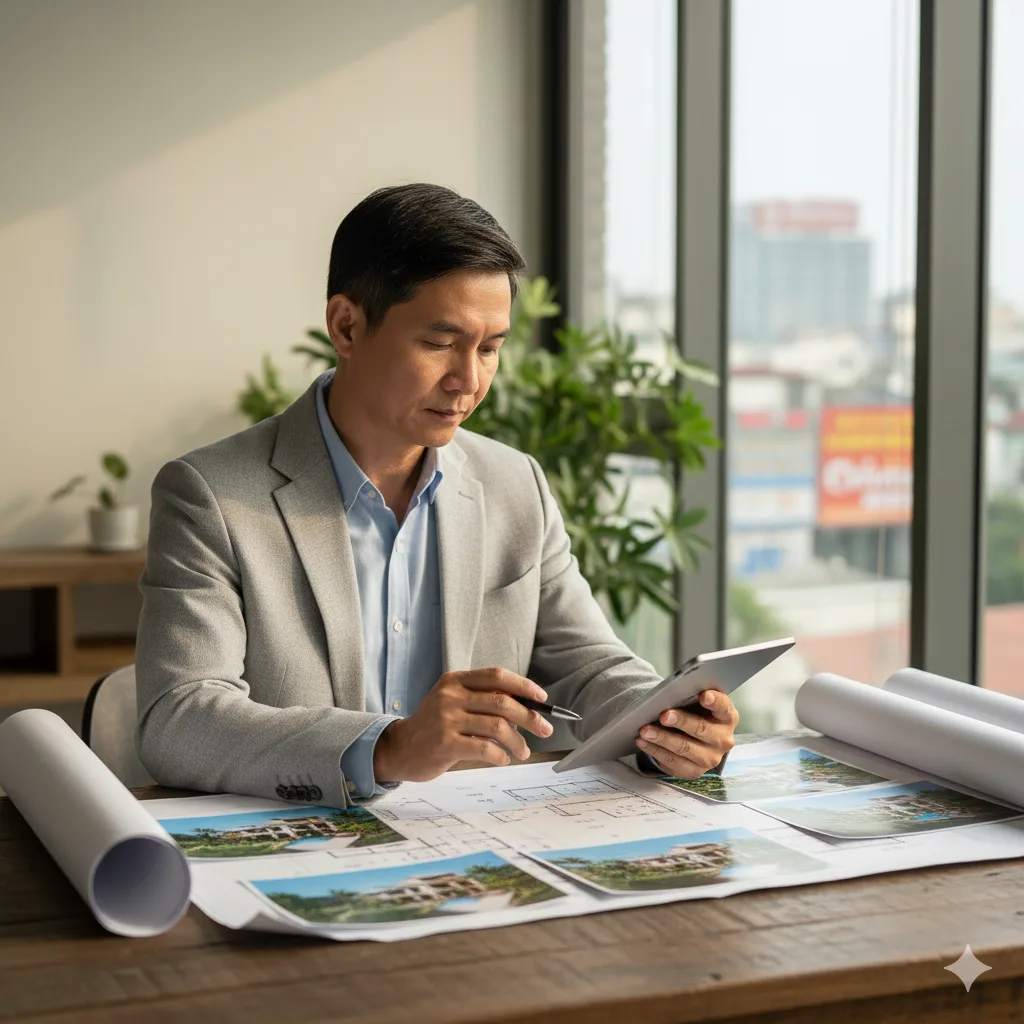 Nhà đầu tư bất động sản trung niên chuẩn bị ký hợp đồng second home