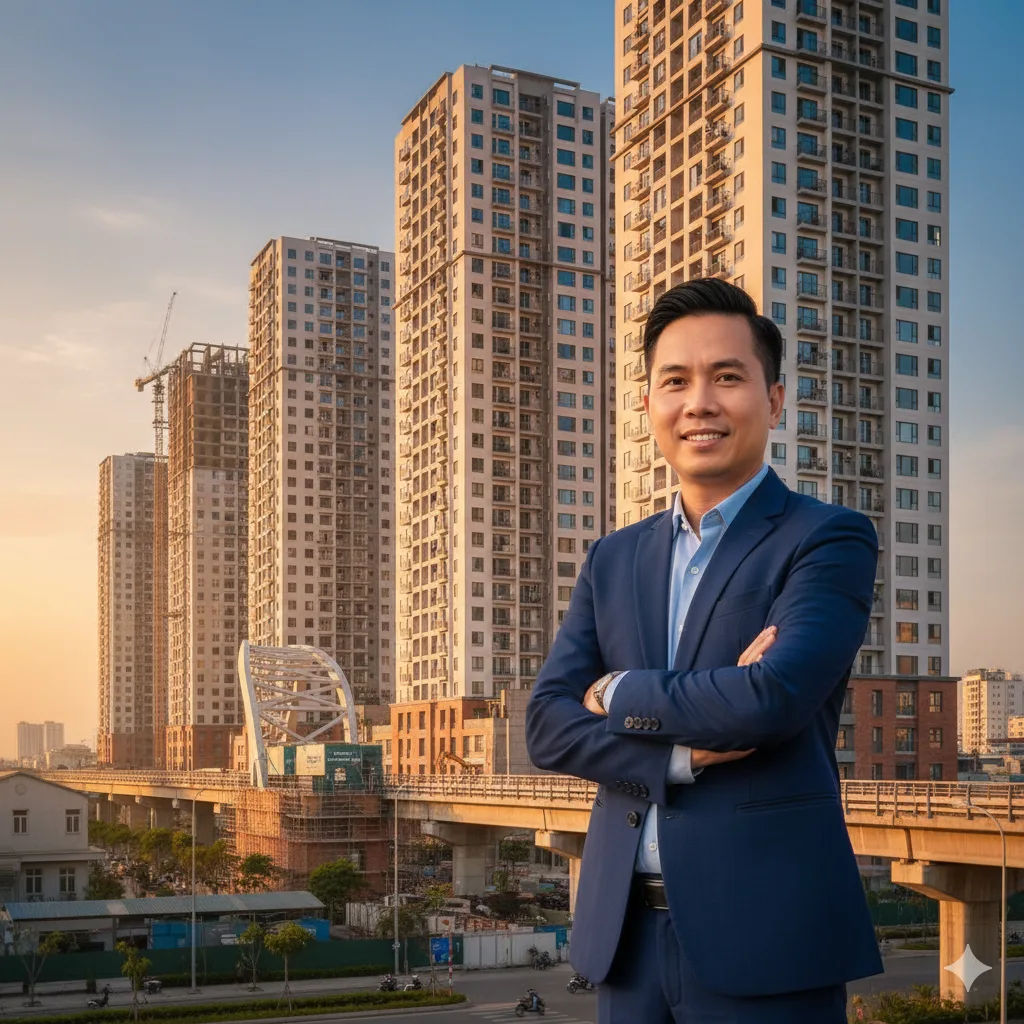 Doanh nhân Việt đứng trên cao ốc ngắm nhìn toàn cảnh Thị trường BĐS Việt Nam 2025