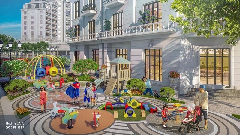 Tiện ích khu vui chơi trẻ em ngoài trời chung cư Hausman Đại Mỗ - Sân chơi nhiều màu sắc, cạnh tòa nhà kiến trúc Châu Âu - Hotline: 0838919648