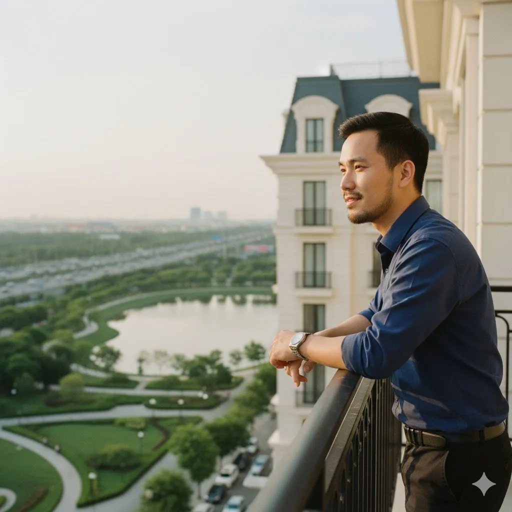 Kỹ sư trẻ người Việt thư thái ngắm nhìn cảnh quan hồ và Đại lộ Thăng Long từ ban công căn hộ, thể hiện ưu thế vị trí Hausman FLC Đại Mỗ. Ảnh độc quyền kygoibatdongsan.