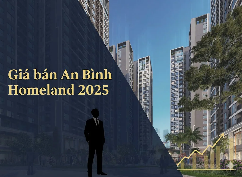 Phân tích giá bán chung cư An Bình Homeland Hà Đông 2025. Hình ảnh chuyên gia bất động sản đứng trước dự án, có biểu đồ xu hướng tăng giá.