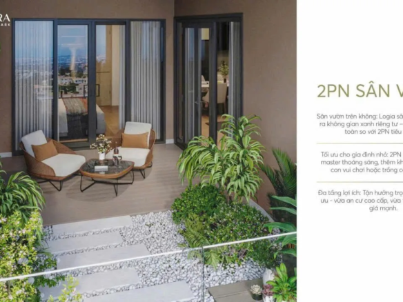 Phối cảnh căn hộ 2 phòng ngủ sân vườn trên không với logia rộng mở tại Greenera Southmark