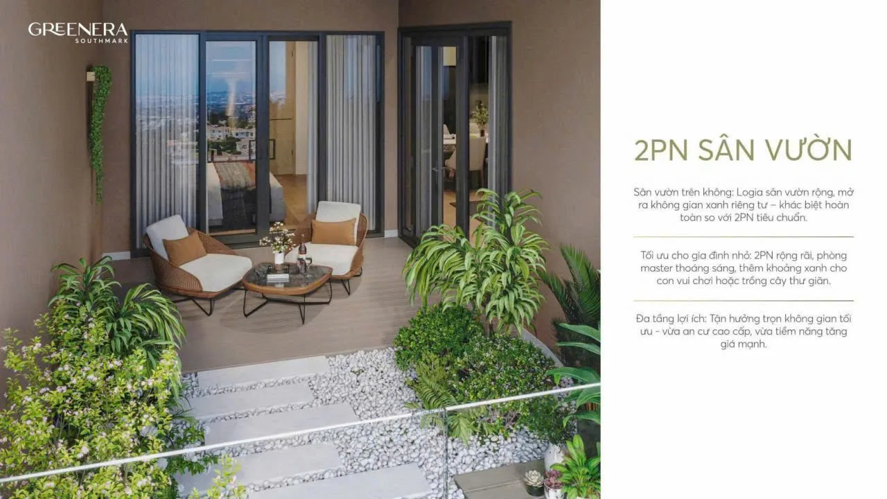 Phối cảnh căn hộ 2 phòng ngủ sân vườn trên không với logia rộng mở tại Greenera Southmark