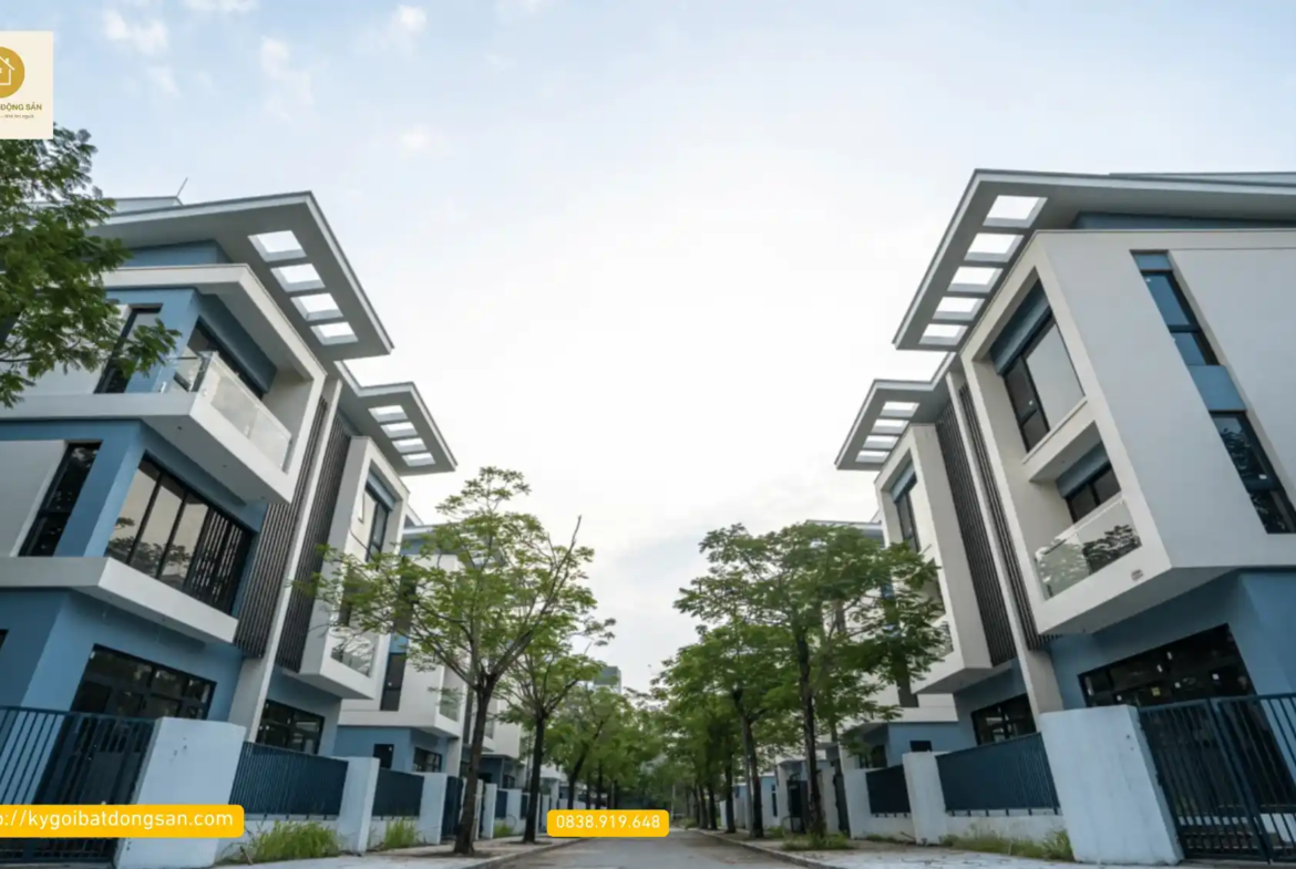 Dãy biệt thự An Quý Villa đã hoàn thiện mặt ngoài với hạ tầng cây xanh đồng bộ.