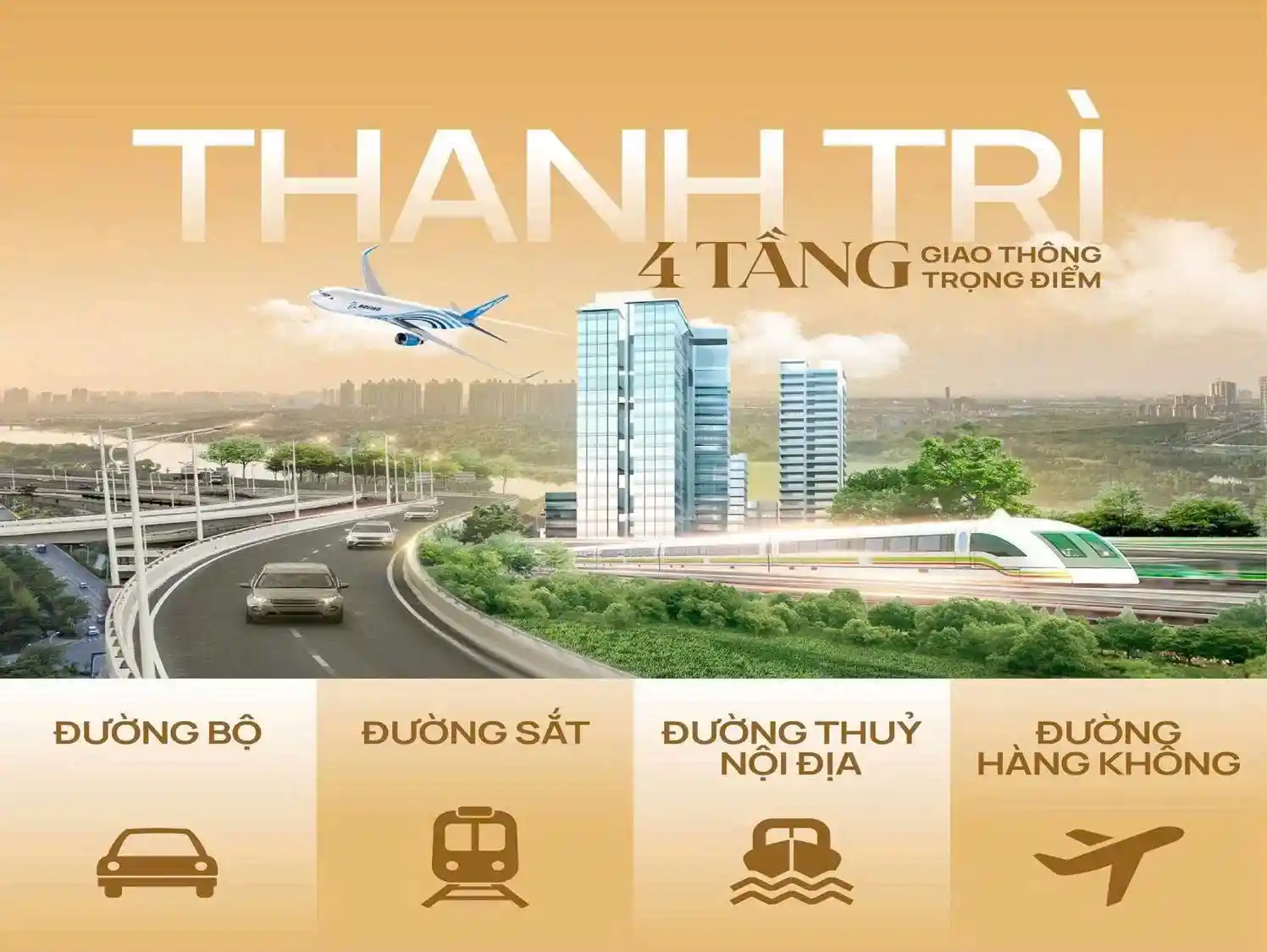 Sơ đồ giao thông 4 tầng trọng điểm tại Thanh Trì gồm đường bộ, đường sắt, đường thủy và hàng không.