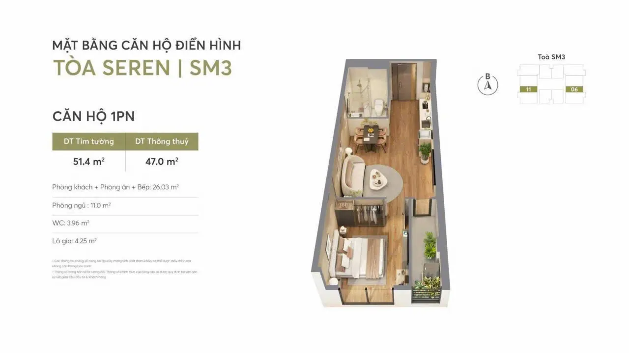 Sơ đồ thiết kế căn hộ 1 phòng ngủ tòa SM3 dự án Greenera Southmark diện tích thông thủy 47m2