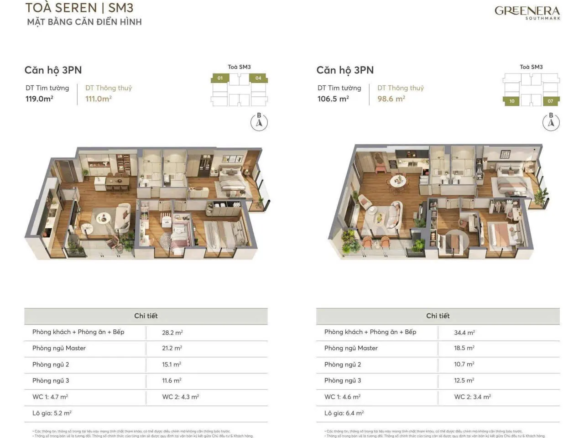 Mặt bằng chi tiết căn hộ 3 phòng ngủ tòa SM3 Seren dự án Greenera Southmark diện tích 98.6m2 và 111m2