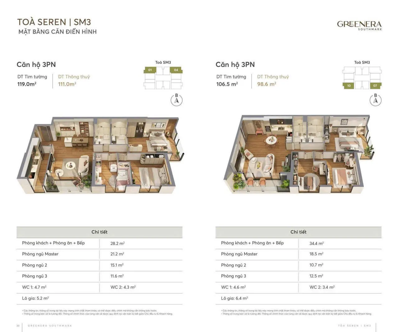Mặt bằng chi tiết căn hộ 3 phòng ngủ tòa SM3 Seren dự án Greenera Southmark diện tích 98.6m2 và 111m2