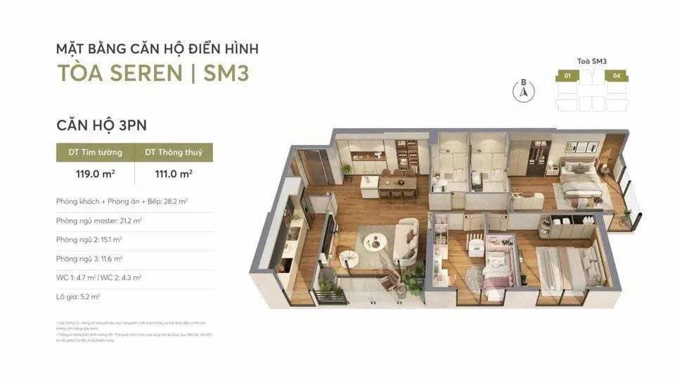Bản vẽ mặt bằng chi tiết căn hộ 3 phòng ngủ tòa SM3 Seren dự án Greenera Southmark diện tích 98.6m2 và 111m2