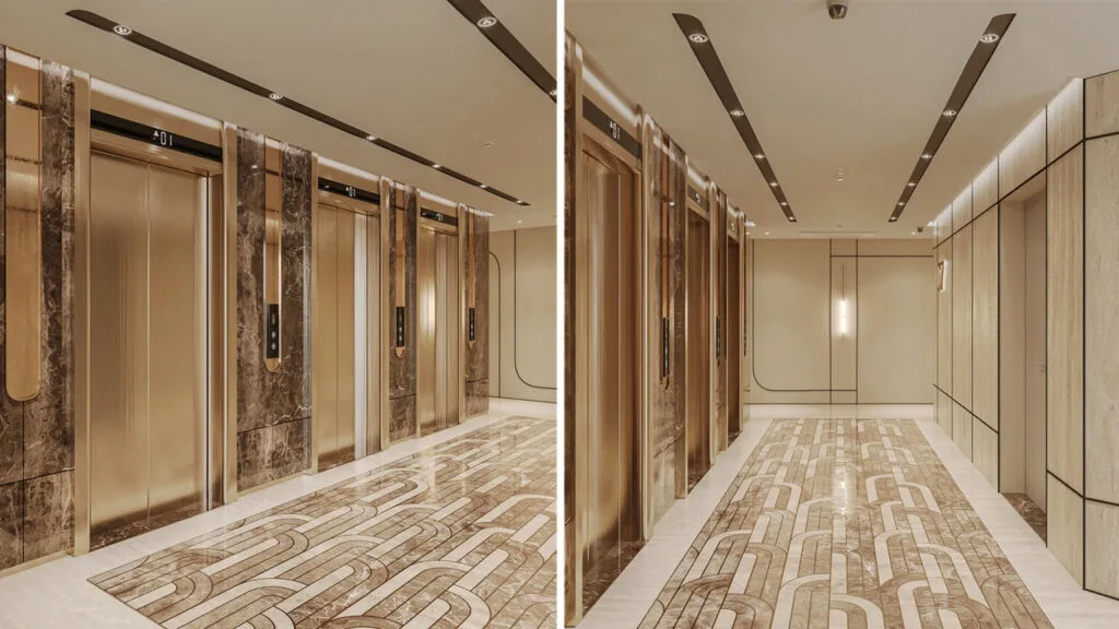 Khu vực sảnh thang máy hiện đại với nội thất cao cấp tại chung cư Greenera Southmark