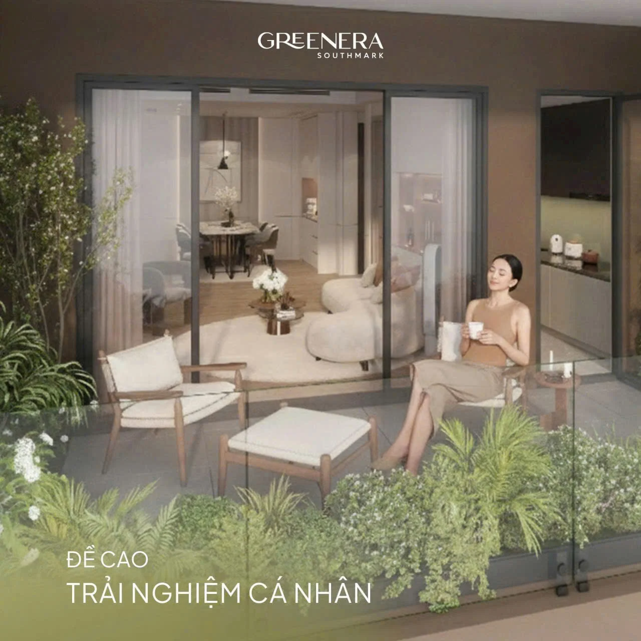 Không gian thư giãn tại ban công căn hộ sân vườn Greenera Southmark đề cao trải nghiệm cá nhân