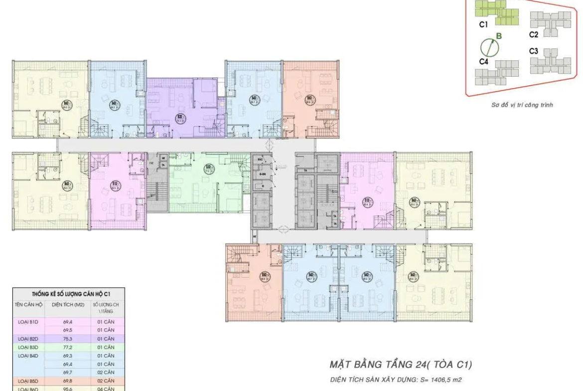 Sơ đồ mặt bằng chi tiết tầng 24 tòa tháp C1 dự án An Bình Homeland