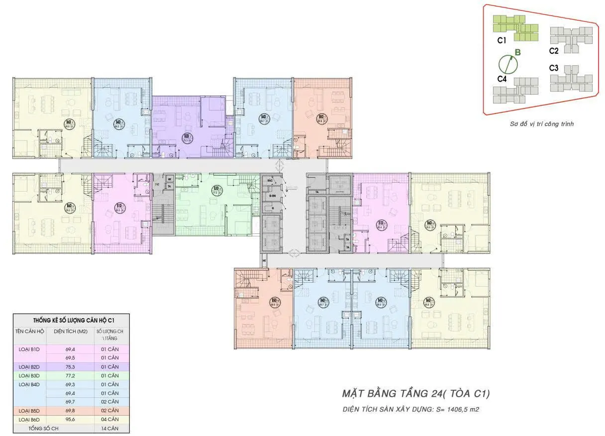 Sơ đồ mặt bằng chi tiết tầng 24 tòa tháp C1 dự án An Bình Homeland