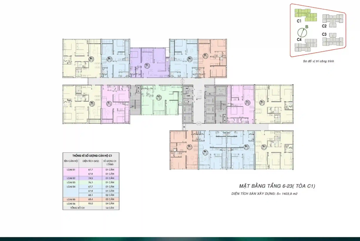 Chi tiết mặt bằng tầng điển hình từ tầng 6 đến 23 tòa C1 An Bình Homeland