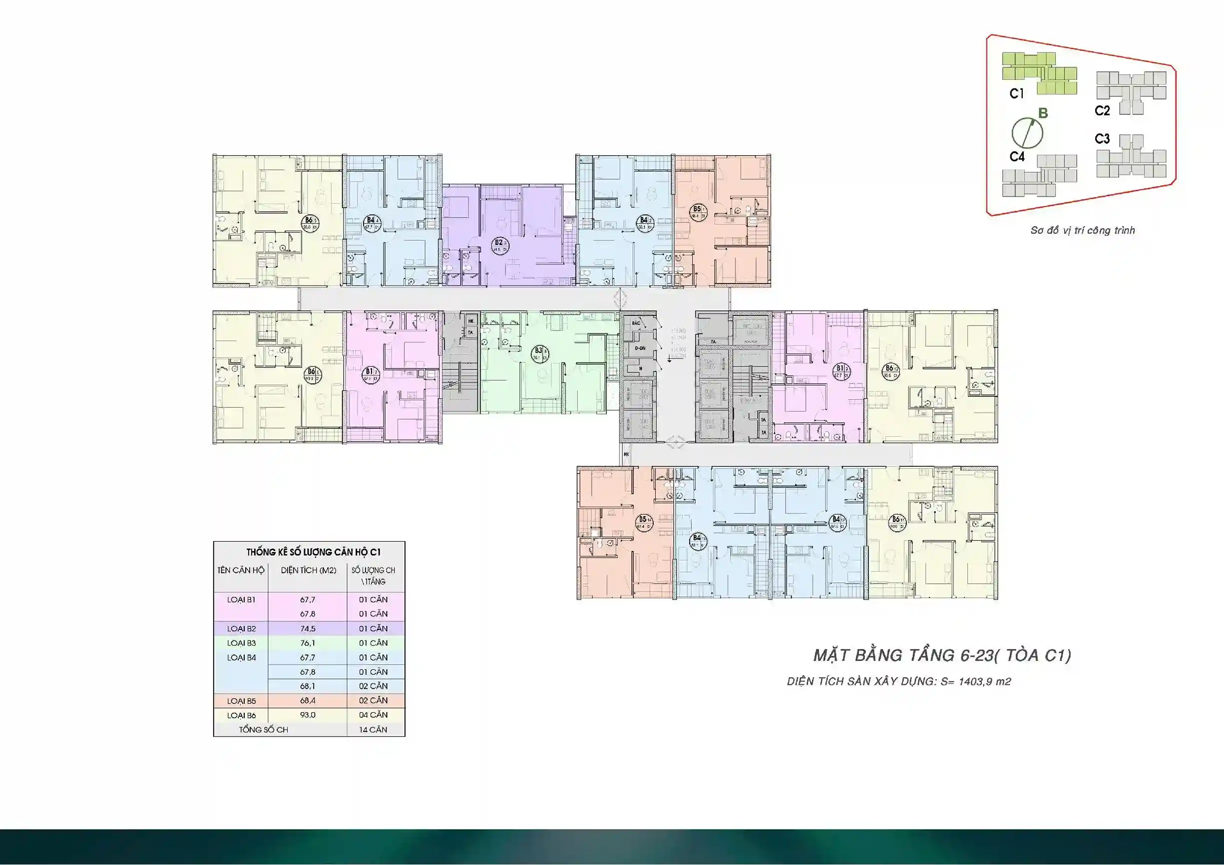Chi tiết mặt bằng tầng điển hình từ tầng 6 đến 23 tòa C1 An Bình Homeland