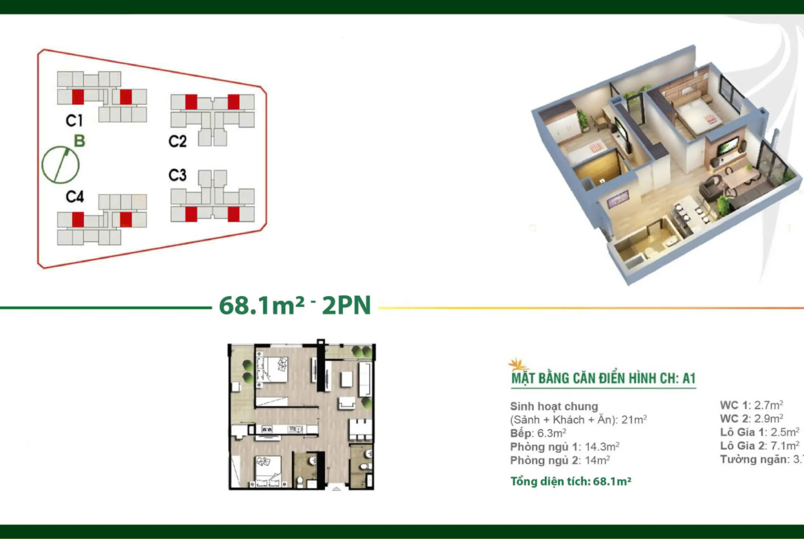 Phối cảnh 3D và sơ đồ căn hộ 2 phòng ngủ 68.1m2 mã CH A1 tòa C1