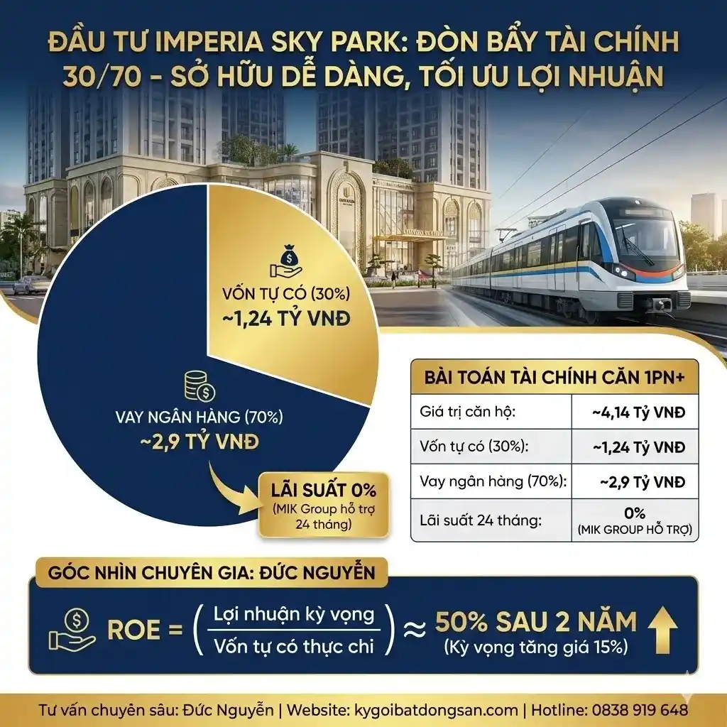 Infographic bài toán tài chính vay 70% giá trị căn hộ Imperia Sky Park với tỷ suất $$ROE \approx 50\%$$ sau 2 năm.