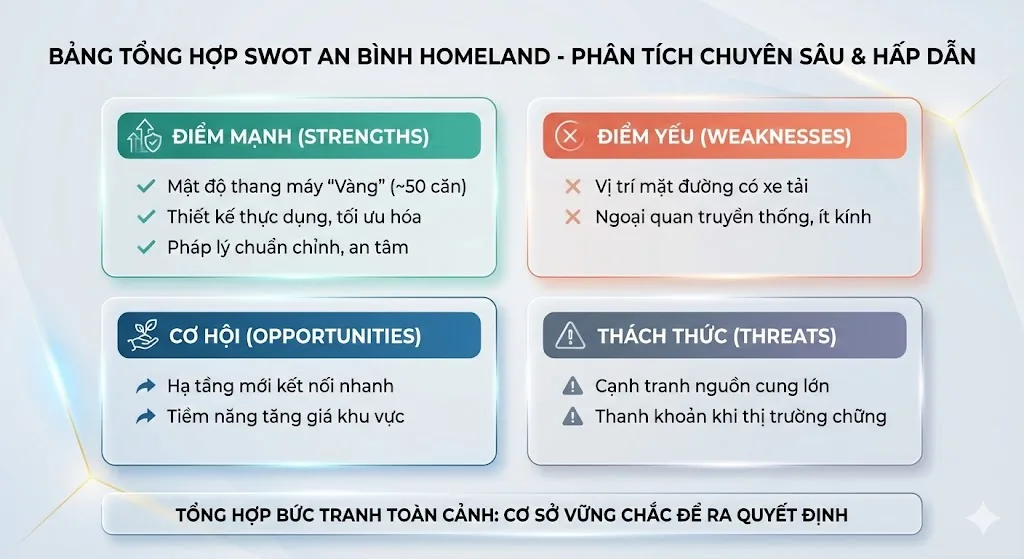 Bảng tổng hợp phân tích SWOT An Bình Homeland chuyên sâu giúp khách hàng quyết định có nên mua dự án hay không.