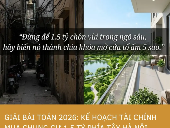 Banner so sánh hình ảnh tương phản giữa phương án mua nhà đất thổ cư ngõ sâu chật hẹp và phương án sở hữu chung cư 1.5 tỷ phía Tây Hà Nội hiện đại, tiện ích 5 sao, hỗ trợ bài viết về kế hoạch tài chính thực chiến năm 2026.