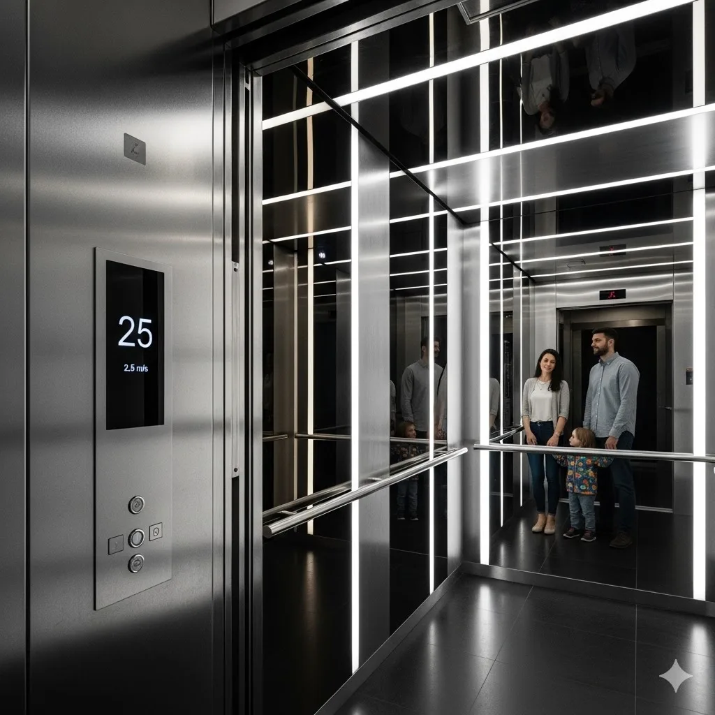 Không gian bên trong cabin thang máy An Bình Homeland hiện đại với màn hình hiển thị tốc độ 2.5m/s.