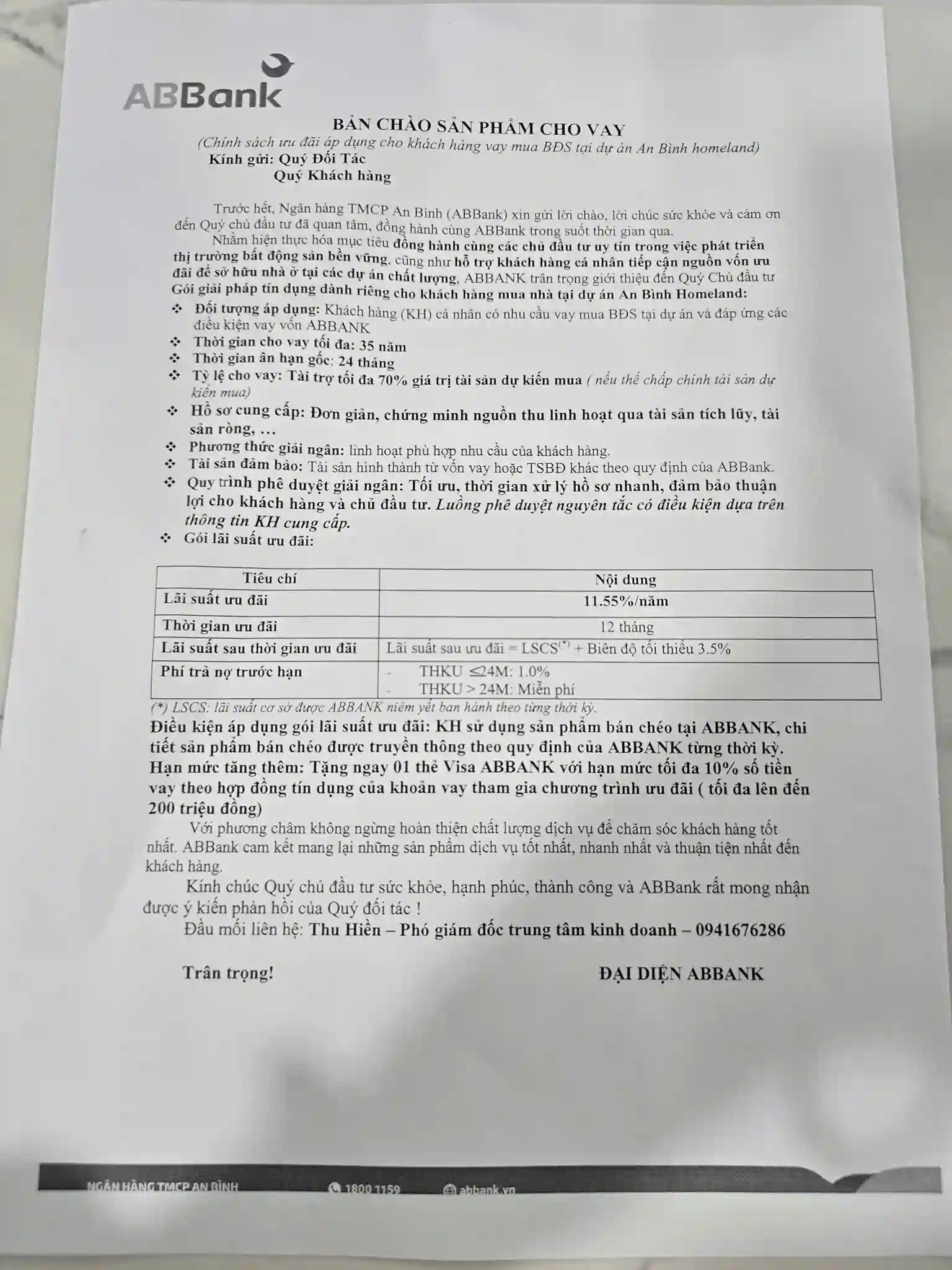 Tài liệu chính sách bán hàng An Bình Homeland cho gói vay ABBank, chi tiết tỷ lệ vay tối đa 70% giá trị tài sản và lãi suất ưu đãi 11.55%/năm.