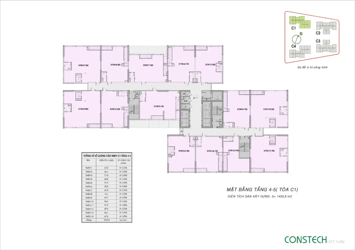 Bản vẽ chi tiết mặt bằng Tầng 4-5 Tòa C1 chuyên về căn hộ TMDV cho người tìm kiếm Review Tòa C1 An Bình Homeland.