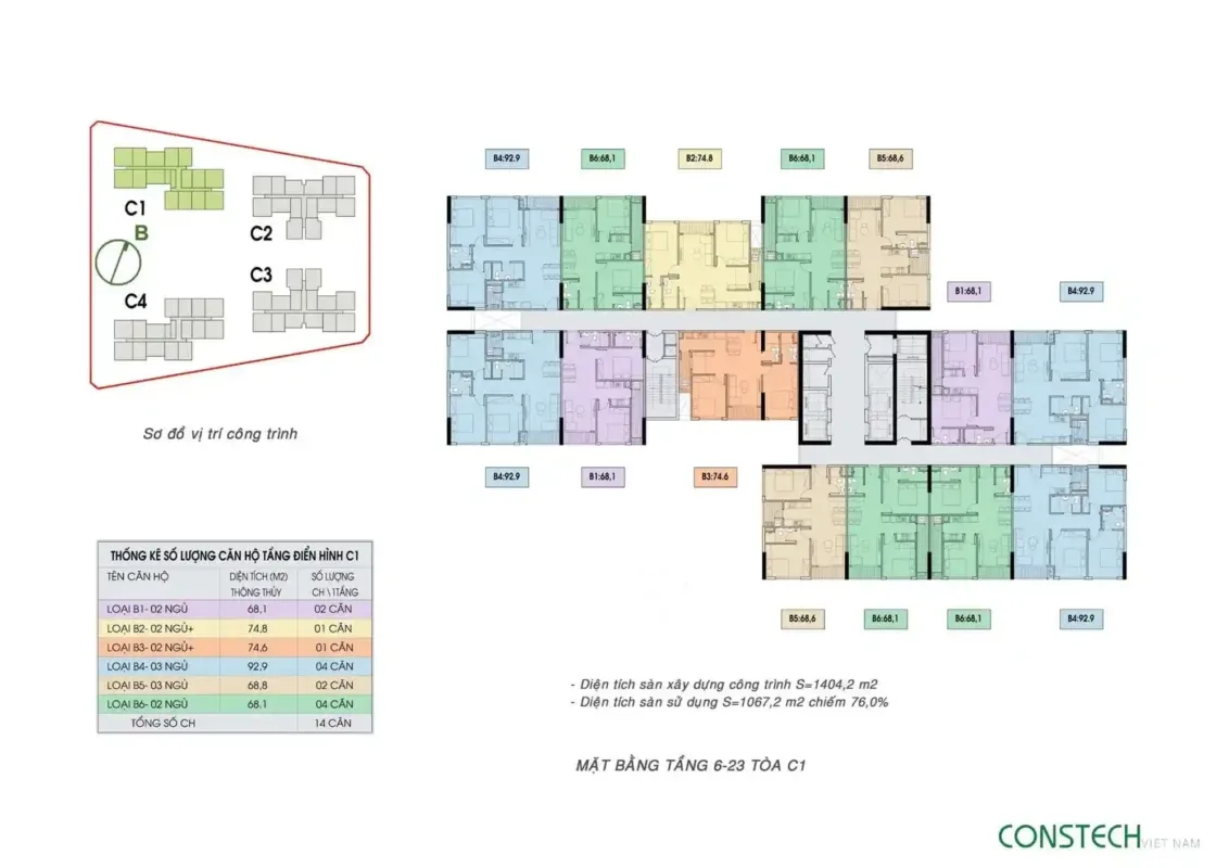 Bản vẽ mặt bằng Tầng điển hình 6-23 Tòa C1 - Review Tòa C1 An Bình Homeland.