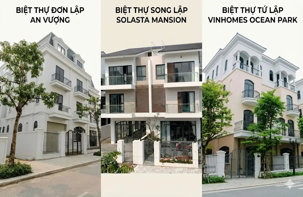 Ảnh thực tế so sánh kiến trúc và mặt thoáng của biệt thự đơn lập (An Vượng), biệt thự song lập (Solasta Mansion) và tứ lập, giúp khách hàng dễ dàng phân biệt và chọn loại phù hợp.