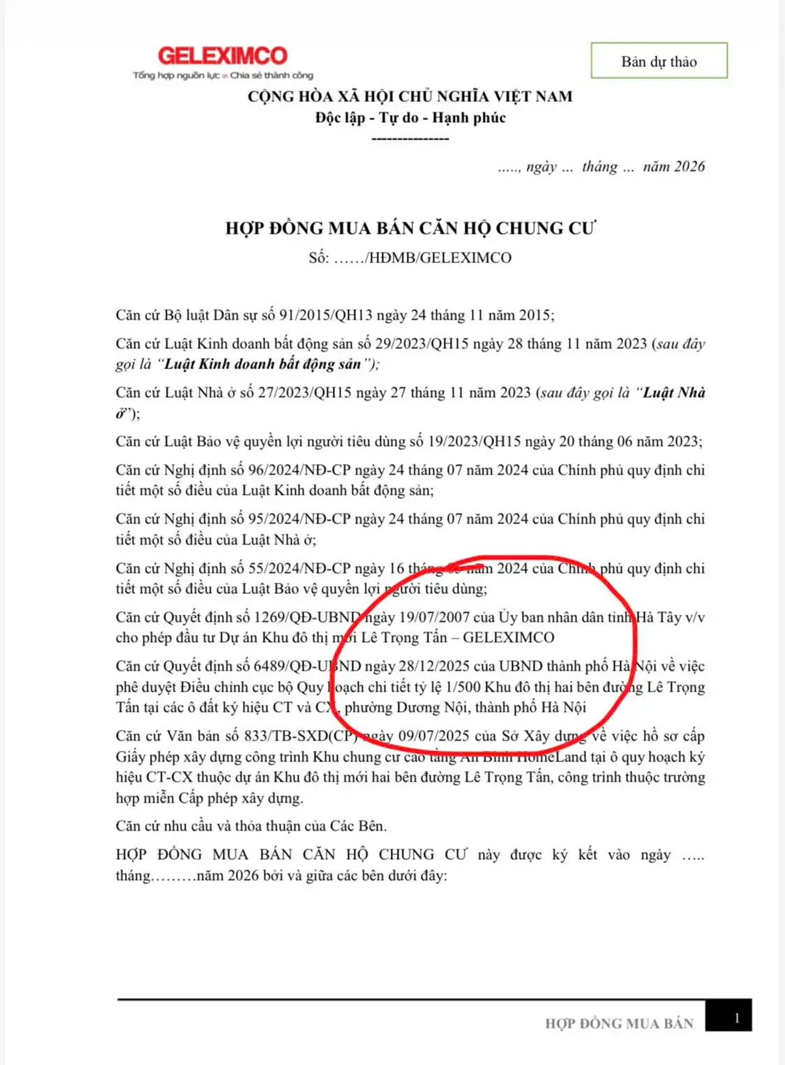 Bản scan quyết định 1/500 và thông báo giấy phép xây dựng An Bình Homeland trong dự thảo hợp đồng mua bán.