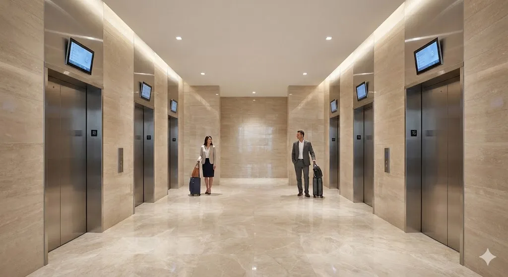 Phối cảnh sảnh chờ thang máy rộng rãi và sang trọng tại dự án chung cư An Bình Homeland.