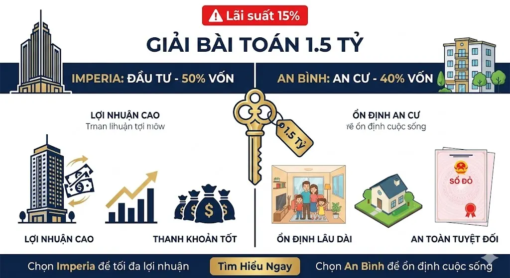 Bảng so sánh trực diện hai dự án chung cư 1.5 tỷ phía Tây Hà Nội nổi bật năm 2026: Imperia (tập trung đầu tư, lợi nhuận cao) và An Bình Homeland (tập trung an cư, ổn định, an toàn với sổ đỏ).