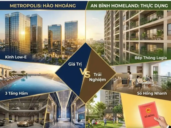 Ảnh so sánh phối cảnh đối lập giữa dự án hạng sang Metropoli5 Nam An Khánh và chung cư An Bình Homeland Geleximco sầm uất cạnh Aeon Mall Hà Đông năm 2026.