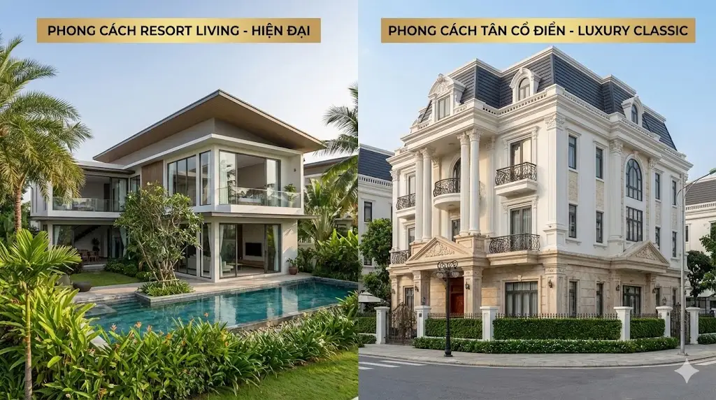 So sánh hai luồng kiến trúc chủ đạo tại Dương Nội: Biệt thự Resort Living hiện đại và biệt thự Tân cổ điển Luxury Classic.
