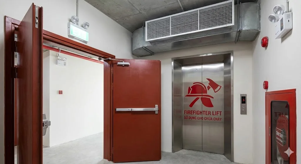 Khu vực sảnh đệm tăng áp và cửa thang máy PCCC chuyên dụng tại An Bình Homeland.