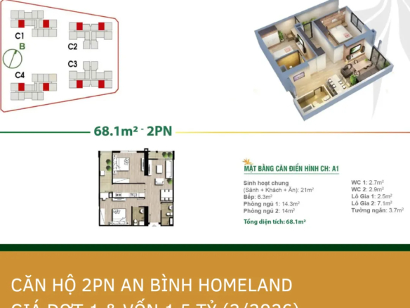 Mặt bằng thiết kế Căn hộ 2PN An Bình Homeland thực tế