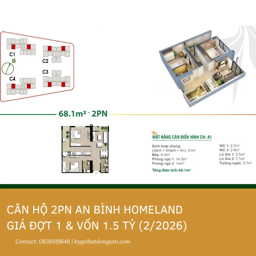 Mặt bằng thiết kế Căn hộ 2PN An Bình Homeland thực tế