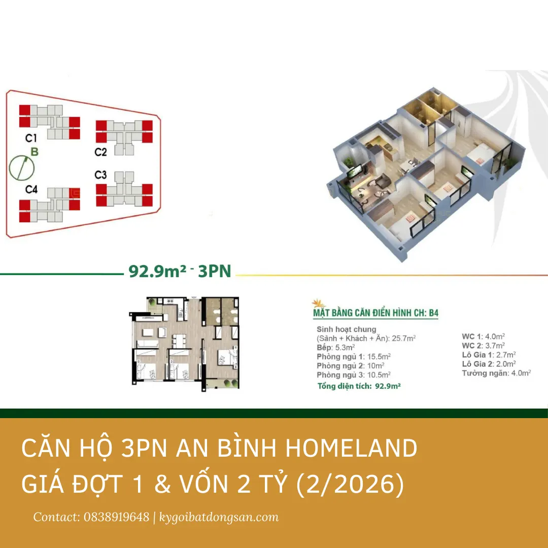 Mặt bằng căn hộ 3PN góc 93m2 An Bình Homeland - Suất ngoại giao giá đợt 1 tốt nhất