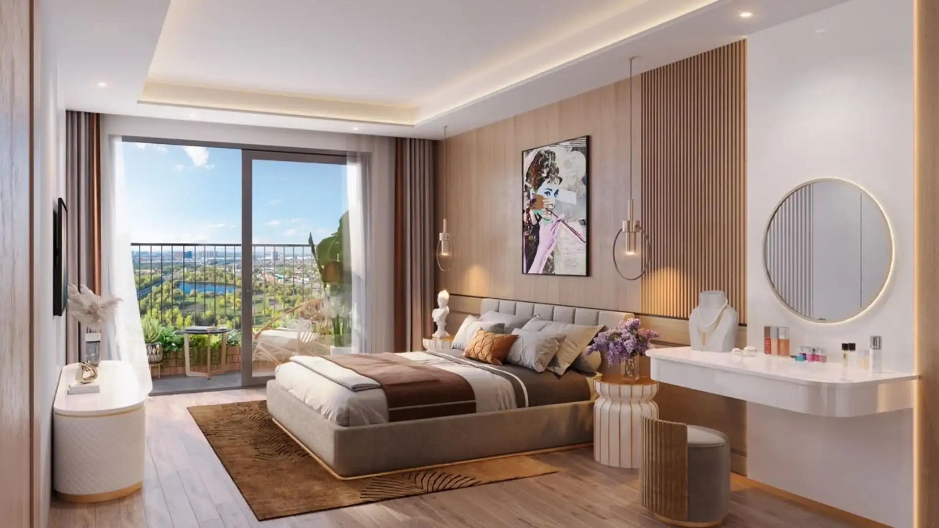 Thiết kế căn hộ An Bình Homeland phòng ngủ Master sang trọng có cửa sổ lớn đón gió và ánh sáng.