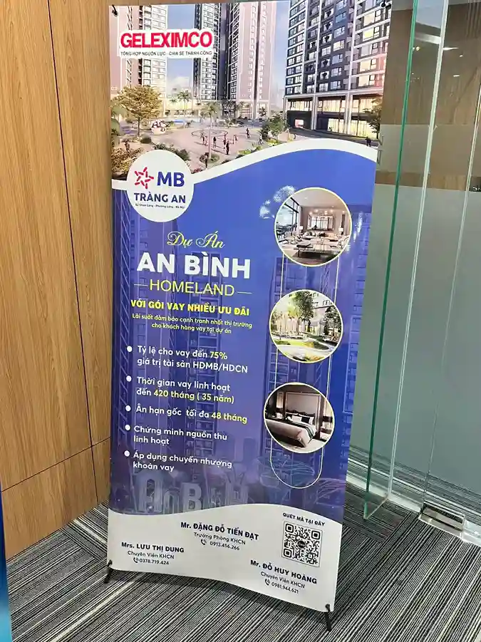 Infographic tổng quan về chính sách bán hàng An Bình Homeland cập nhật tháng 3/2026 với logo ABBANK và GELEXIMCO, bao gồm hình ảnh minh họa về tiền mặt, máy tính và hồ sơ dự án trên nền công trường đang thi công.