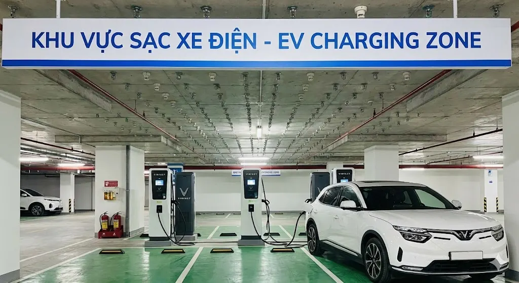Khu vực trạm sạc xe điện chuyên biệt được trang bị hệ thống PCCC tự động tại hầm An Bình Homeland.