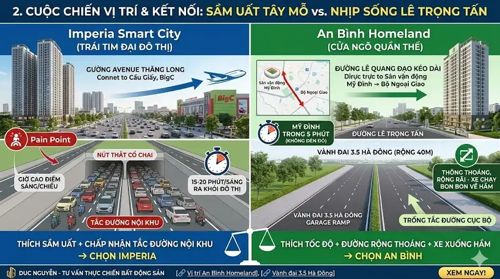 Infographic bảng so sánh An Bình Homeland và Imperia Smart City tổng quan về vị trí, tiện ích, giá bán.